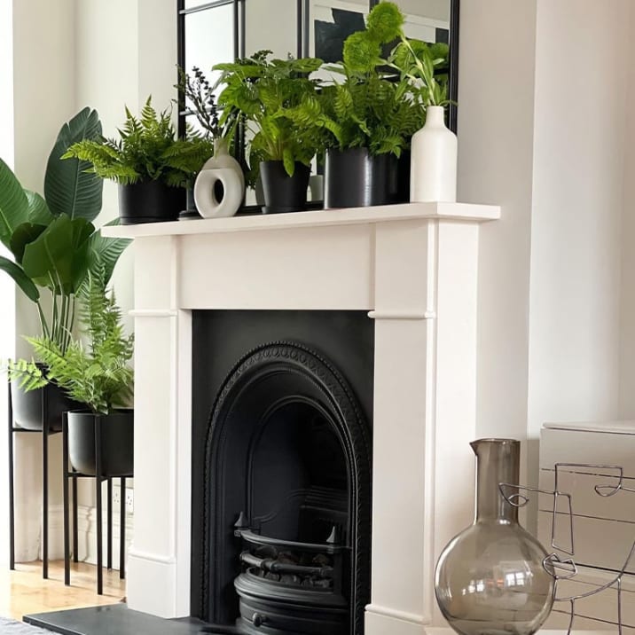 Ferns covering the top of a fire place and a large fern and birds of paradise plant in plant stands  next to the fireplace.