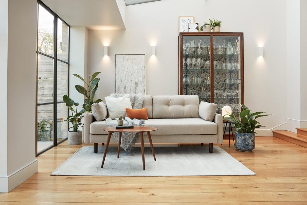 A peace lily, fiddle leaf fig, Boston fern and a strelitzia nicolai in decorative pots on multiple levels and pieces of furniture in a living room.