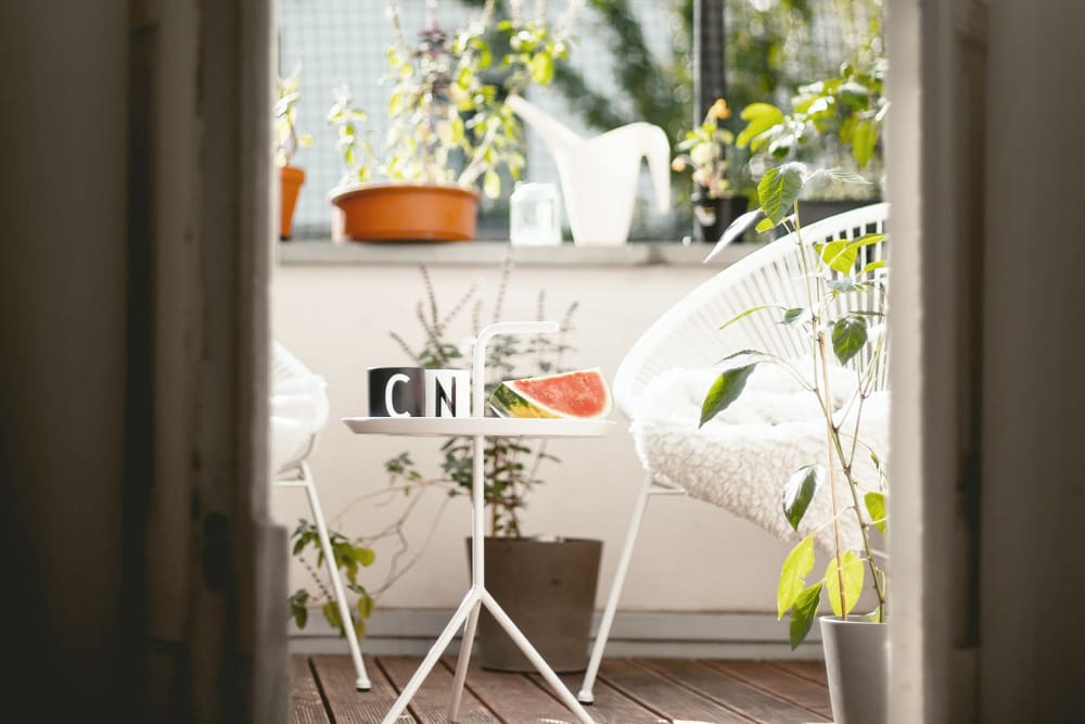 A view onto a balcony in the morning light with plants and a watering can