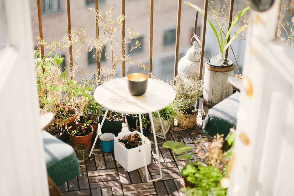 A group of potted outdoor plants placed around a small table and chairs on a balcony.